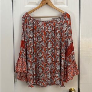 Crown & Ivy Women's Orange and White Patterned Top Sz L ,Dolman flutter sleeves